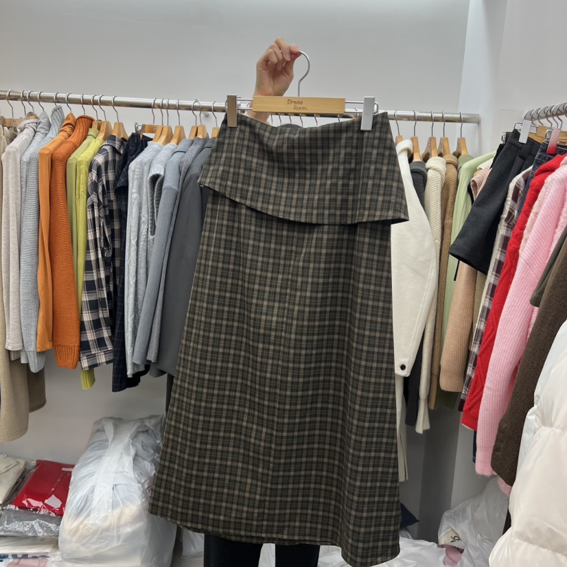 DRESS ROOM韓國代購㊣女裝新款熱賣休閑半身裙中短裙系帶格子DRESS ROOM半身裙/中短裙