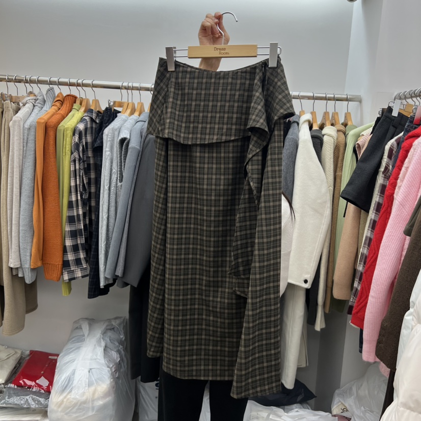 DRESS ROOM韓國代購㊣女裝新款熱賣休閑半身裙中短裙系帶格子DRESS ROOM半身裙/中短裙