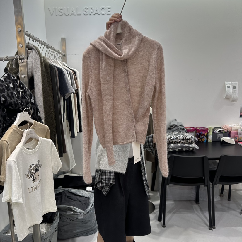 VISUAL SPACE東大門㊣代購女士新款休閑針織衫馬海毛圍巾開衫VISUAL SPACE針織衫
