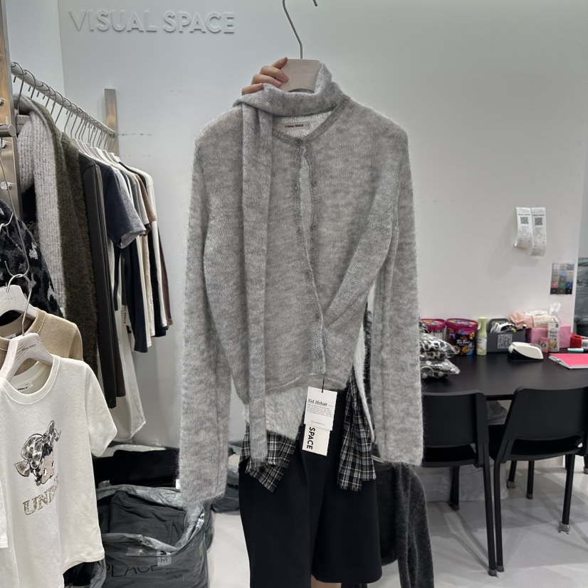 VISUAL SPACE東大門㊣代購女士新款休閑針織衫馬海毛圍巾開衫VISUAL SPACE針織衫圖色2
