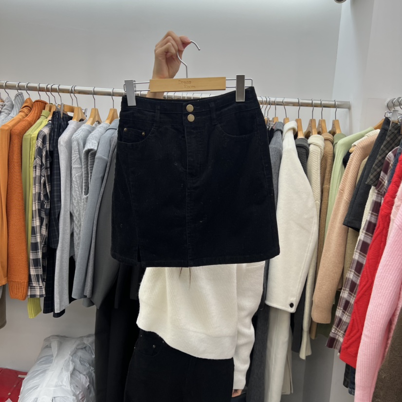 DRESS ROOM韓國直郵㊣女士新款休閑職業人氣短裙燈芯絨開衩DRESS ROOM短裙