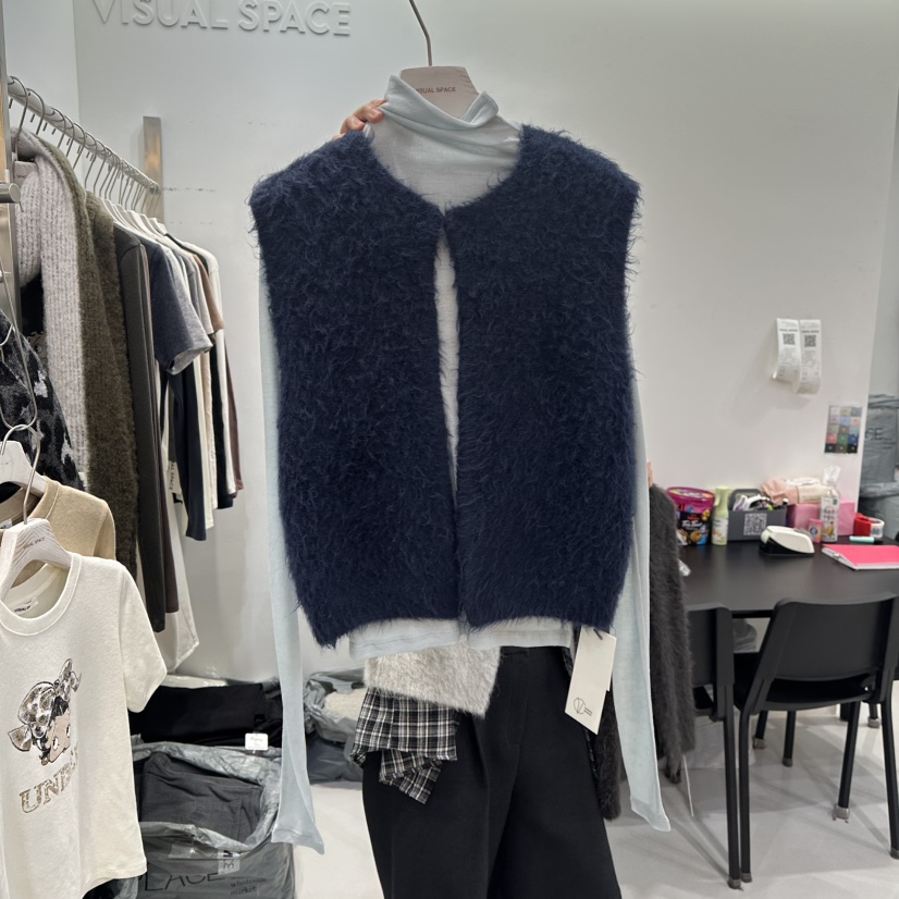 VISUAL SPACE東大門㊣實拍女裝新品推薦熱賣馬甲羊駝毛開衫VISUAL SPACE馬甲圖色2深藍色