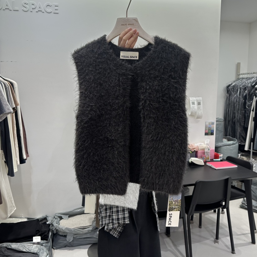 VISUAL SPACE東大門㊣實拍女裝新品推薦熱賣馬甲羊駝毛開衫VISUAL SPACE馬甲圖色3黑色