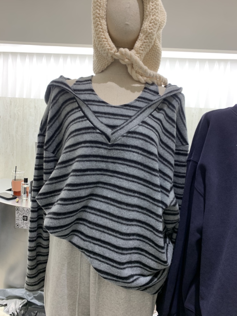 EYEL韓國代購㊣女裝新品熱賣職業25秋冬時尚長袖T恤連帽衫條紋EYEL長袖T恤