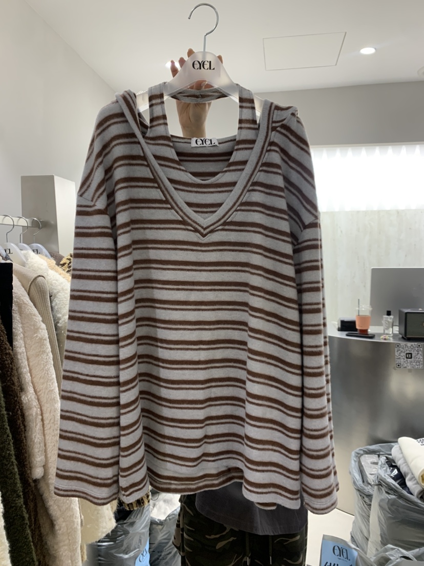 EYEL韓國代購㊣女裝新品熱賣職業25秋冬時尚長袖T恤連帽衫條紋EYEL長袖T恤圖色2