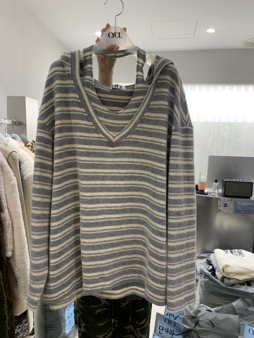 EYEL韓國代購㊣女裝新品熱賣職業25秋冬時尚長袖T恤連帽衫條紋EYEL長袖T恤圖色3