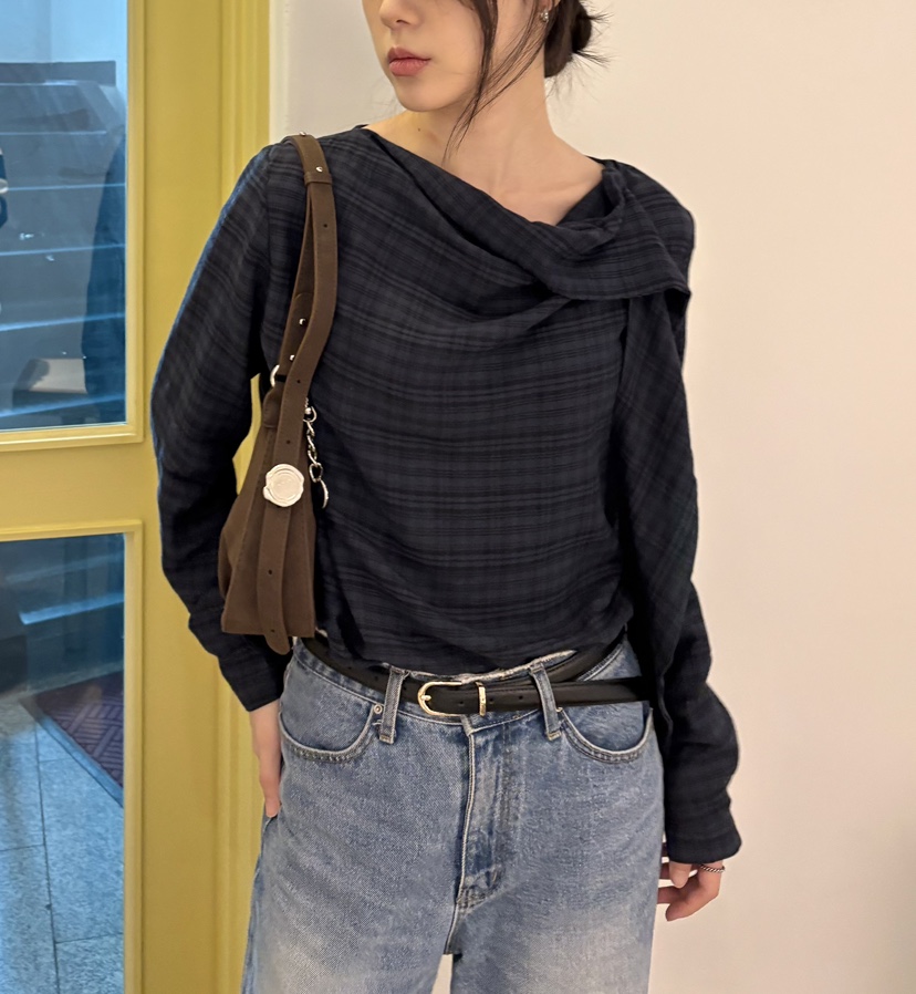 JMIND韓國代購㊣女士新款職業時尚25秋冬休閑襯衫蕾絲衫格紋JMIND襯衫/蕾絲衫