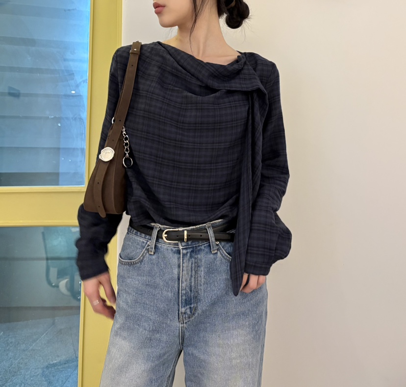 JMIND韓國代購㊣女士新款職業時尚25秋冬休閑襯衫蕾絲衫格紋JMIND襯衫/蕾絲衫