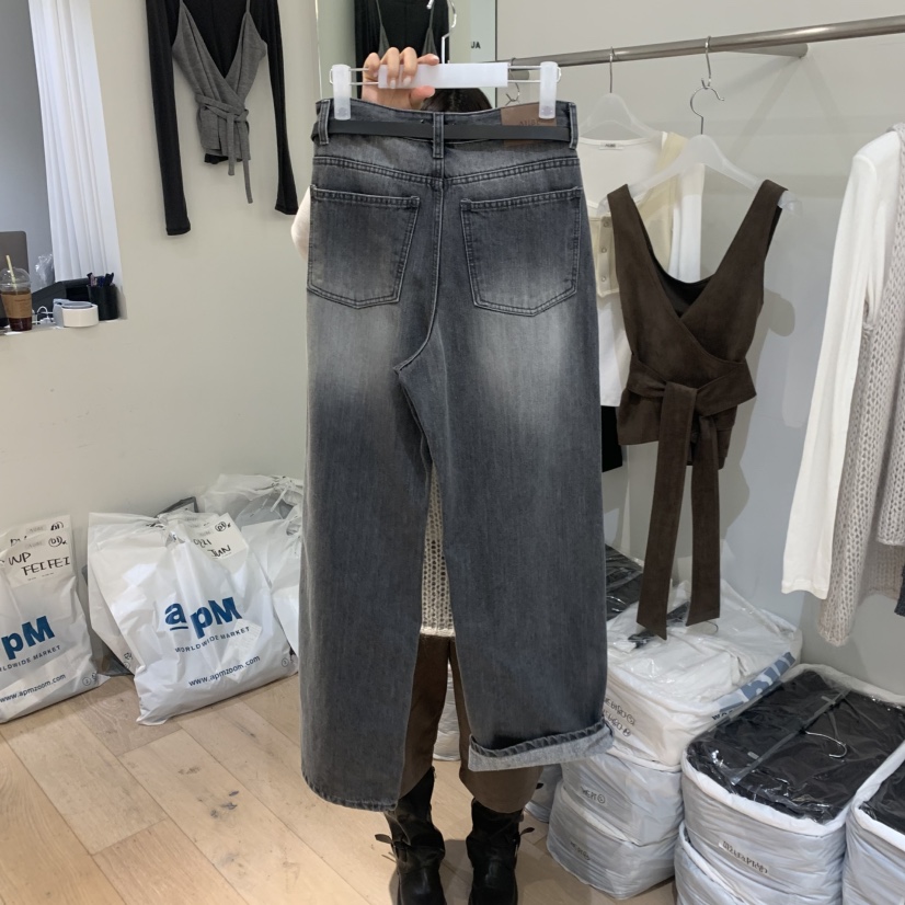 AUBE韓國直郵㊣女裝新品時尚人氣熱賣職業牛仔褲不含腰帶加絨AUBE牛仔褲