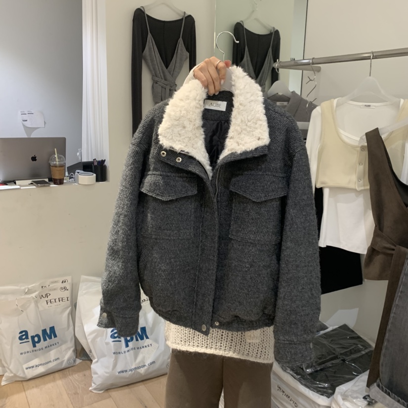 AUBE韓國代購㊣女裝新品真品時尚人氣職業25秋冬夾克羊毛夾棉AUBE夾克圖色1