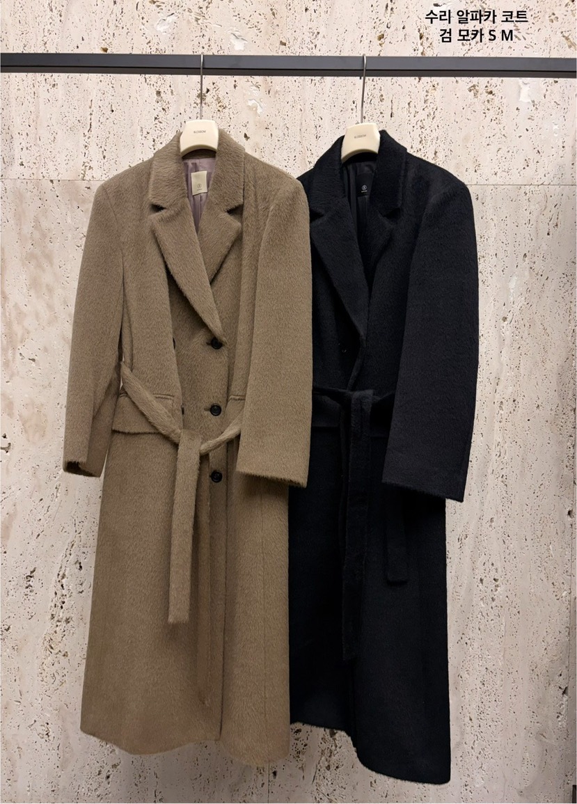 BLOSSOM韓國代購㊣女裝新款熱賣職業中長款大衣羊駝毛含腰帶BLOSSOM中長款大衣