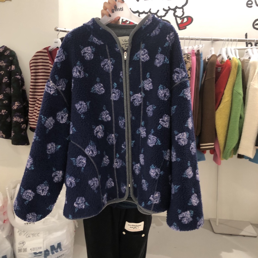 VENTI韓國代購㊣女士新品25秋冬推薦時尚夾克連帽衫抓絨花朵VENTI夾克圖色3