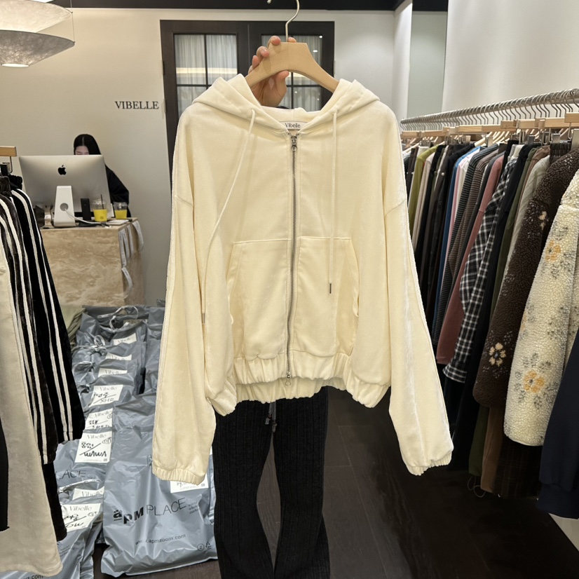 VIBELLE韓國代購㊣女裝新款人氣熱賣25秋冬休閑衛衣天鵝絨拉鏈VIBELLE衛衣