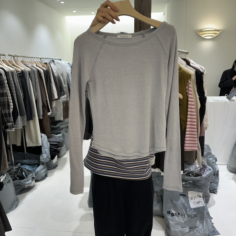 AVECNOUS韓國代購㊣女士新款人氣真品推薦熱賣休閑長袖T恤船領AVECNOUS長袖T恤圖色2