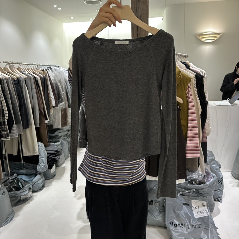AVECNOUS韓國代購㊣女士新款人氣真品推薦熱賣休閑長袖T恤船領AVECNOUS長袖T恤圖色3