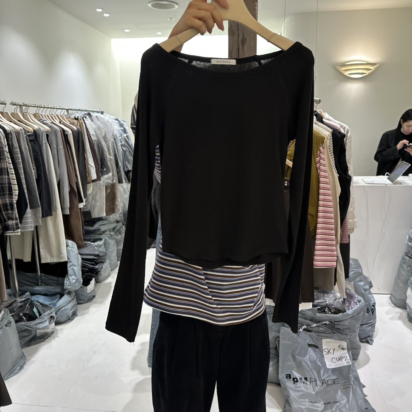 AVECNOUS韓國代購㊣女士新款人氣真品推薦熱賣休閑長袖T恤船領AVECNOUS長袖T恤圖色4