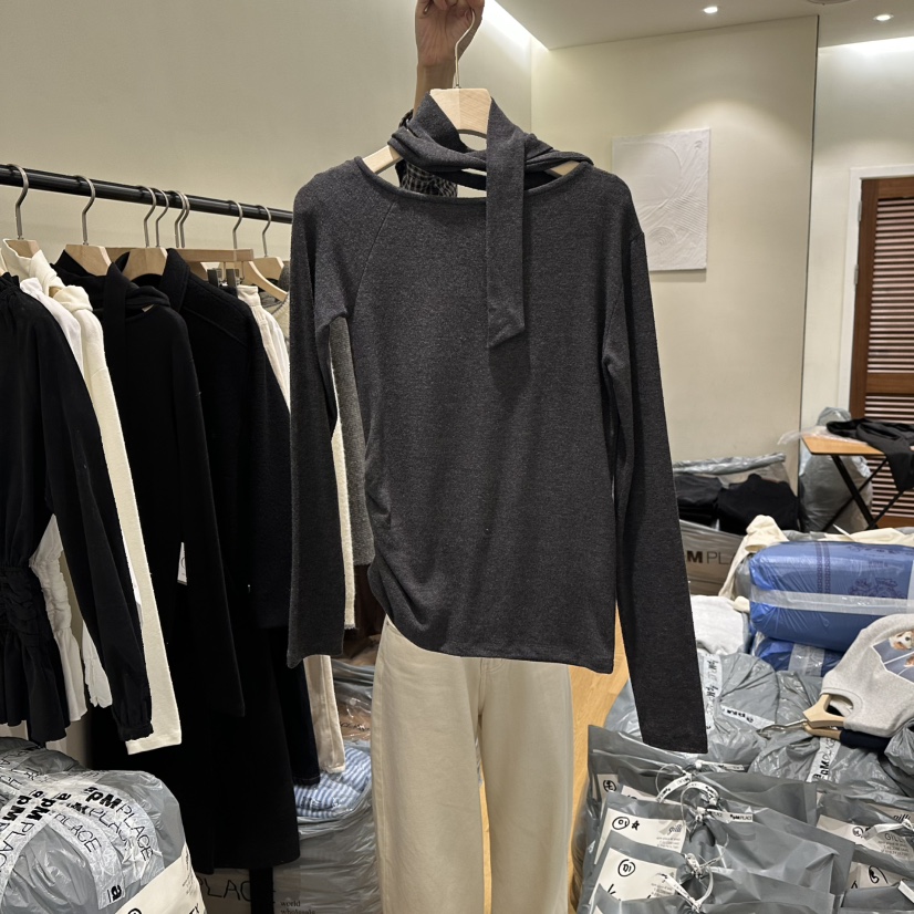 GILLI東大門㊣代購女士新品時尚推薦休閑25秋冬長袖T恤含脖帶GILLI長袖T恤圖色2墨色