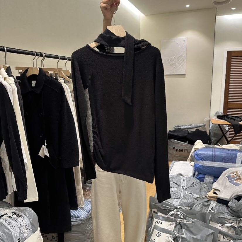 GILLI東大門㊣代購女士新品時尚推薦休閑25秋冬長袖T恤含脖帶GILLI長袖T恤圖色3黑色