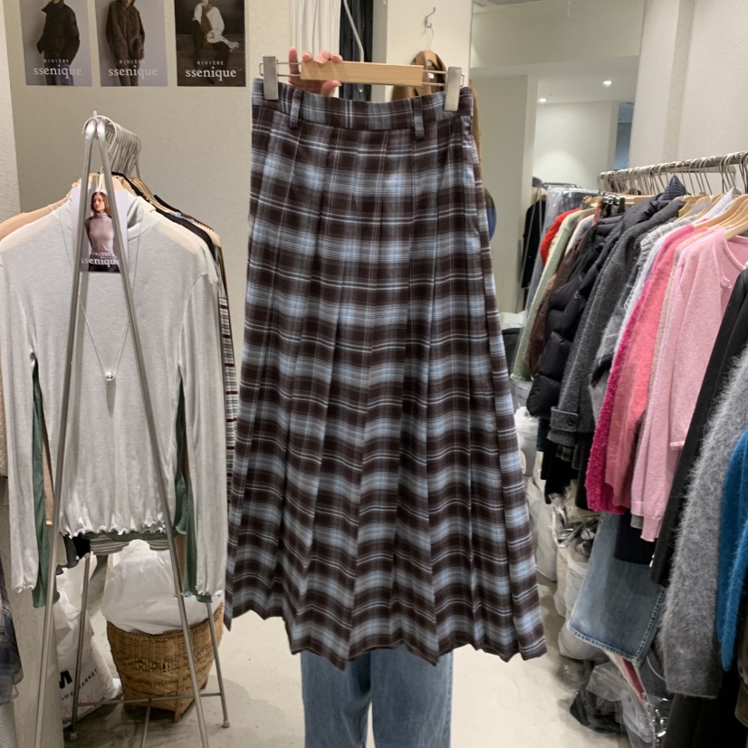 SSEMIENNE韓國直郵㊣女士新品時尚25秋冬熱賣推薦休閑長裙格子SSENIQUE長裙