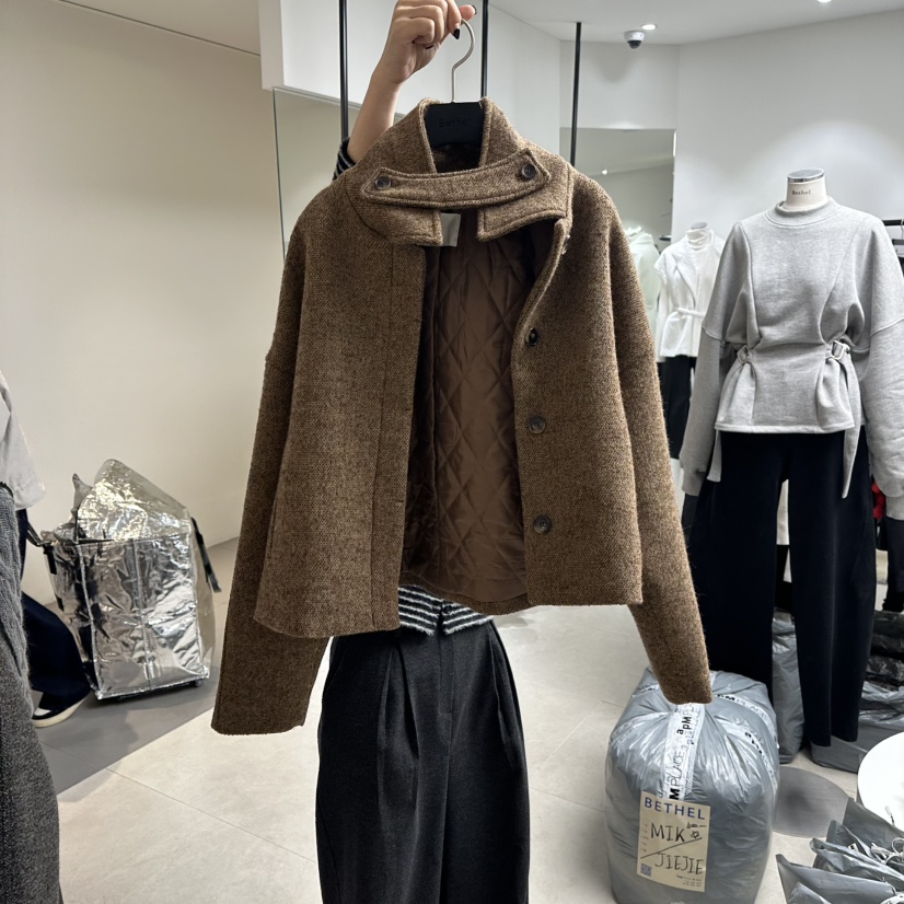 BETHEL東大門㊣實拍女裝新款25秋冬推薦休閑短款大衣人字紋BETHEL短款大衣
