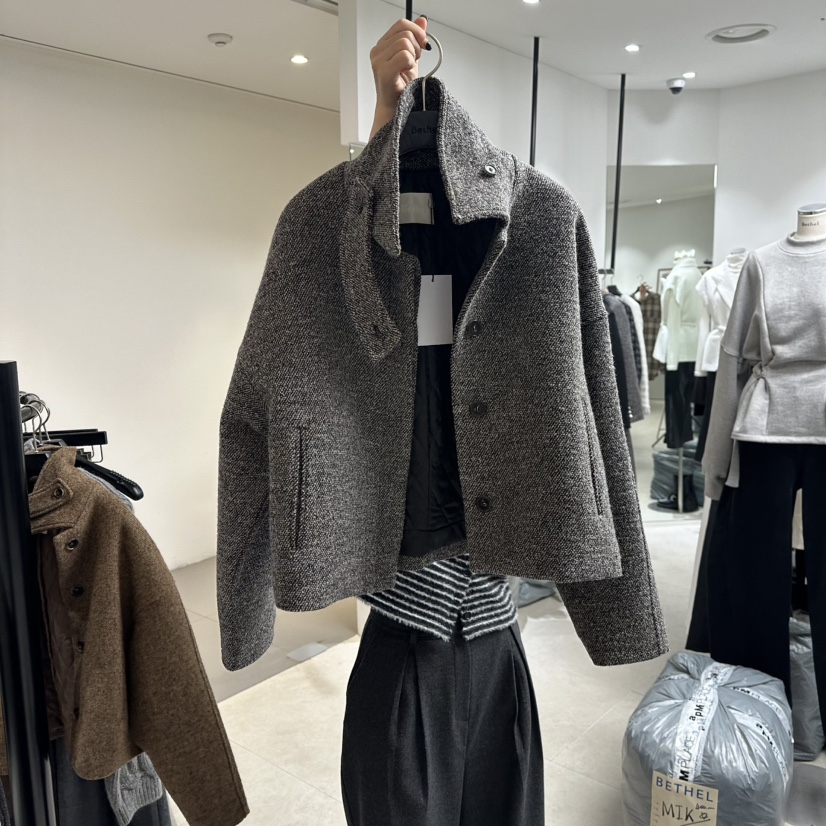 BETHEL東大門㊣實拍女裝新款25秋冬推薦休閑短款大衣人字紋BETHEL短款大衣圖色2
