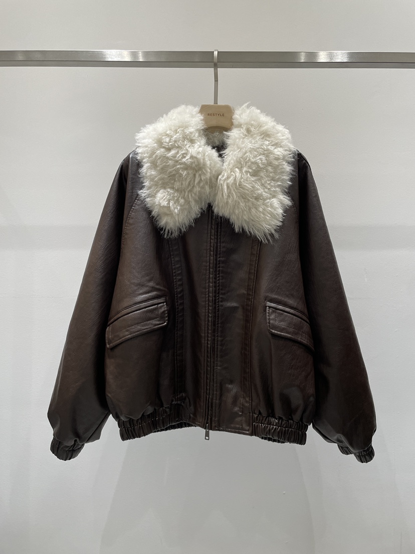 RE STYLE-Q韓國代購㊣女裝新款職業推薦休閑皮衣羊毛皮皮革RE STYLE皮衣