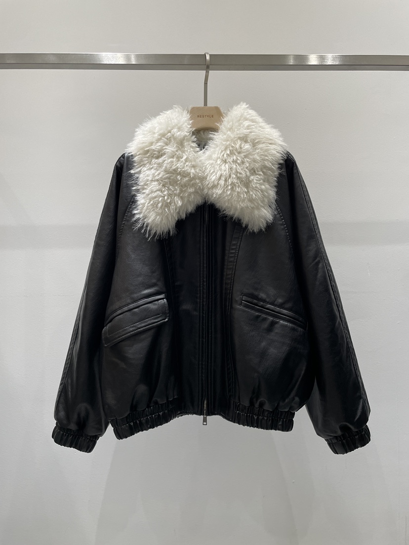 RE STYLE-Q韓國代購㊣女裝新款職業推薦休閑皮衣羊毛皮皮革RE STYLE皮衣圖色2黑色