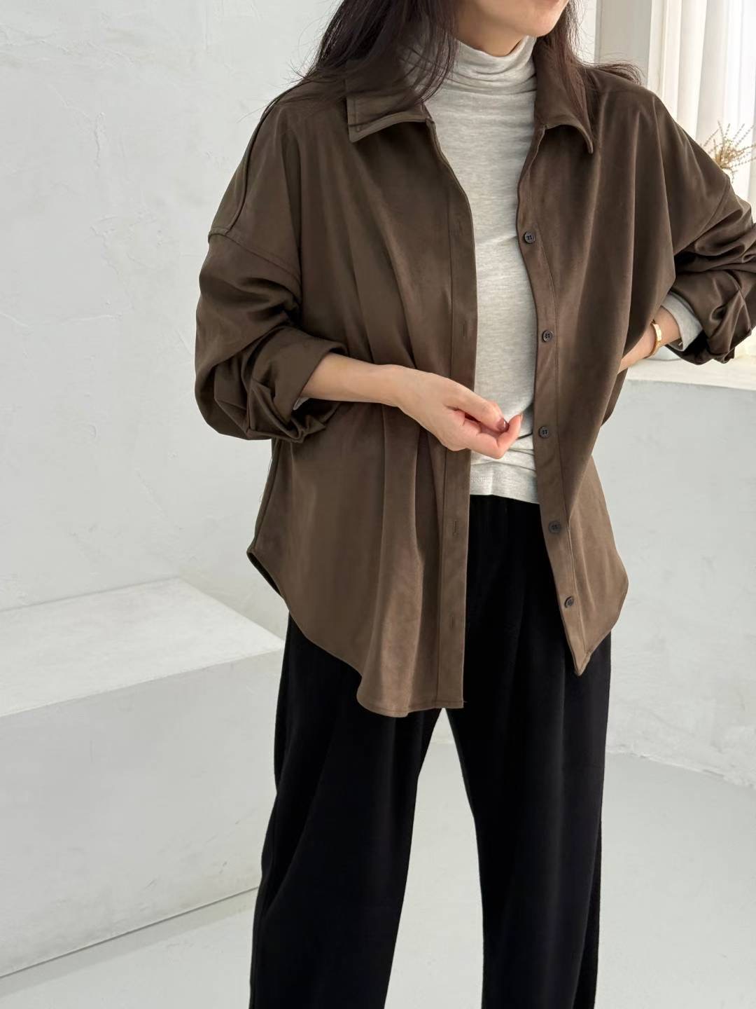 1mm韓國直郵㊣女士新品職業25秋冬襯衫蕾絲衫不含內搭絨面革1mm襯衫/蕾絲衫圖色2