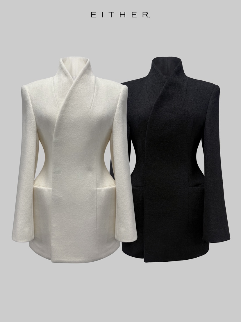 EITHER韓國直郵㊣女士新款熱賣休閑職業人氣短款大衣羊毛混紡EITHER短款大衣