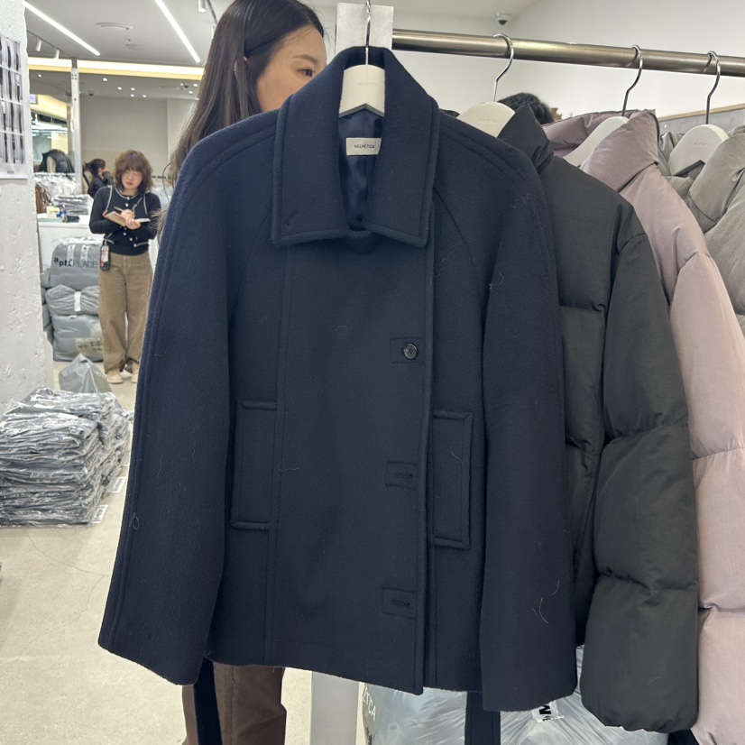 HELVETICA韓國代購㊣女裝新品真品人氣短款大衣含腰帶羊毛系帶HELVETICA短款大衣圖色2深藍色