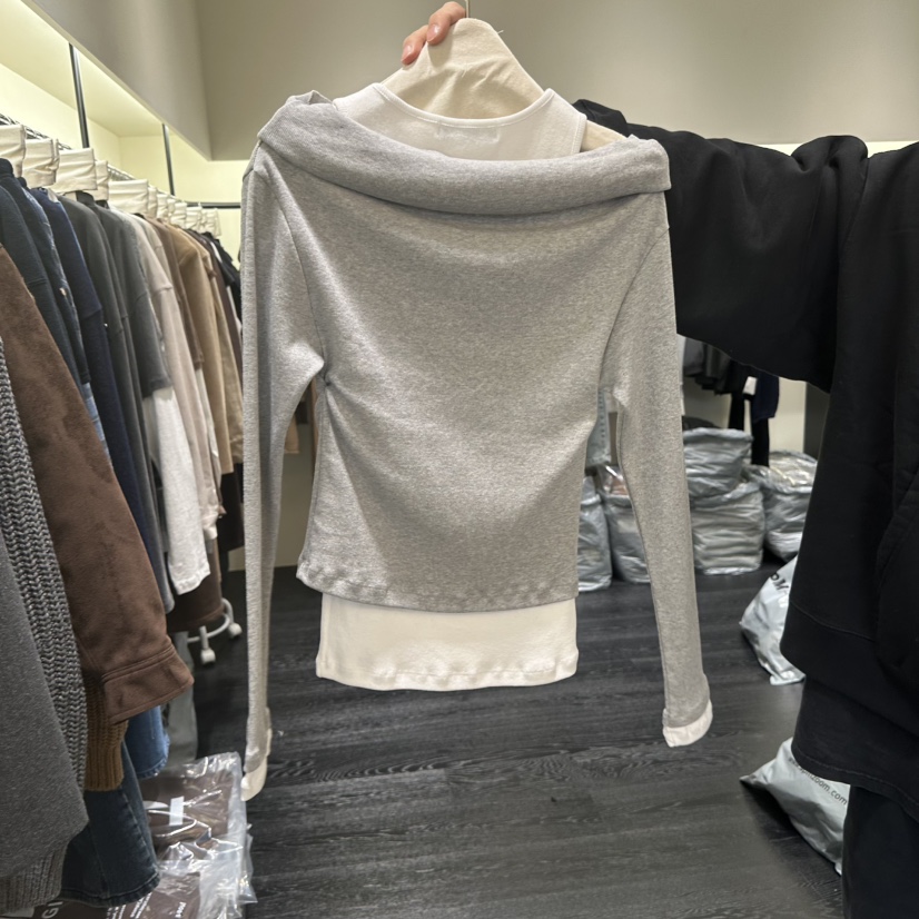 TOMGIRL東大門㊣代購女裝新品人氣職業熱賣休閑長袖T恤露肩TOMGIRL長袖T恤