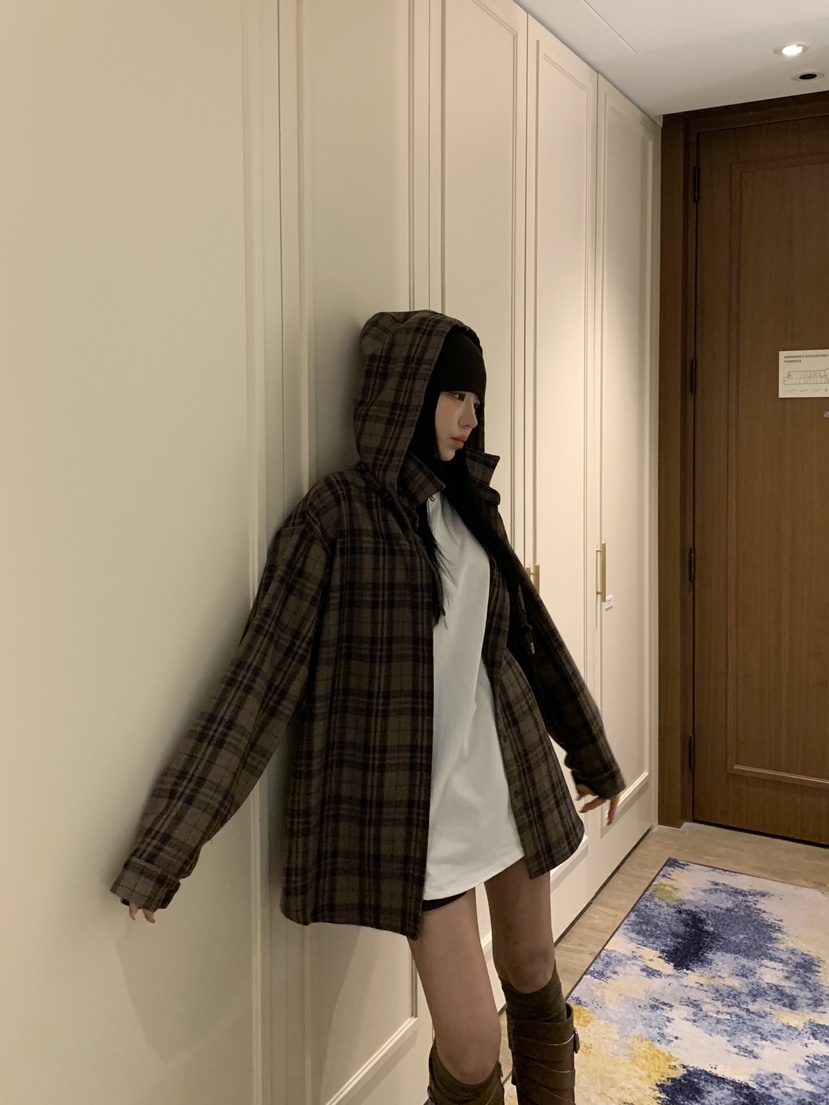 BADCALM東大門㊣直郵女士新品推薦襯衫蕾絲衫連帽衫羊毛格子BADCALM襯衫/蕾絲衫