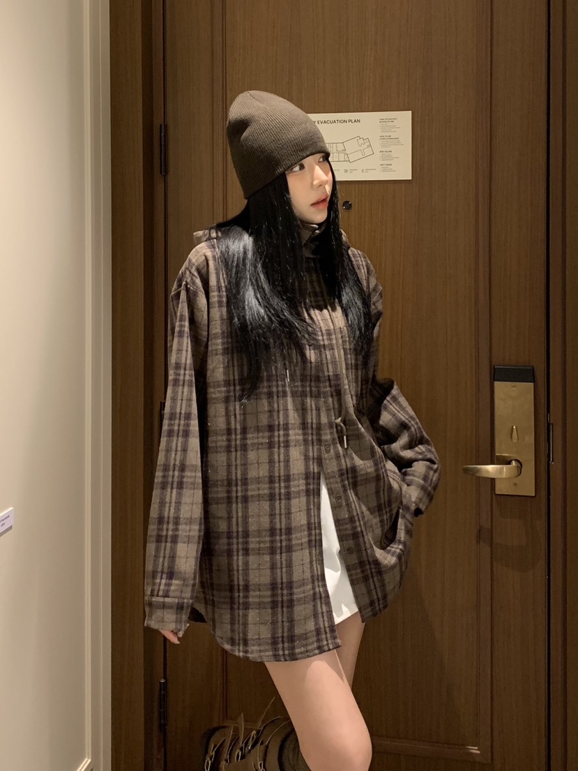 BADCALM東大門㊣直郵女士新品推薦襯衫蕾絲衫連帽衫羊毛格子BADCALM襯衫/蕾絲衫