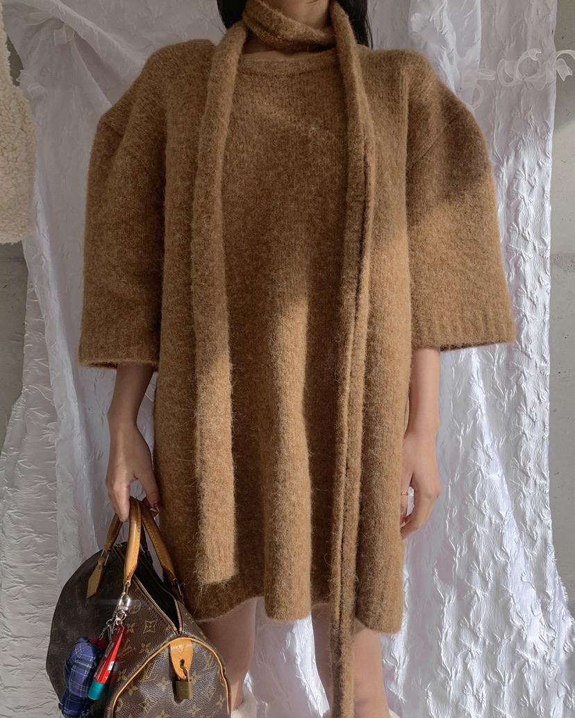 LIVE AID-P東大門㊣代購女裝新品25秋冬時尚針織衫含脖帶LIVE AID-P針織衫