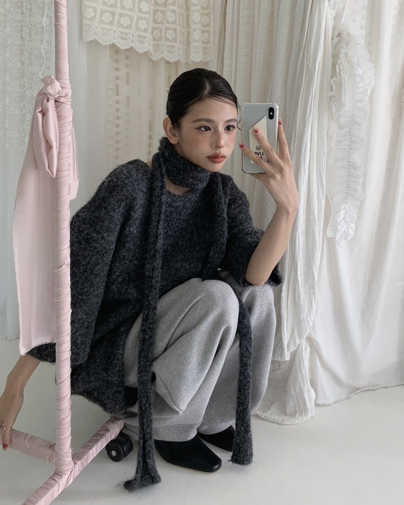 LIVE AID-P東大門㊣代購女裝新品25秋冬時尚針織衫含脖帶LIVE AID-P針織衫