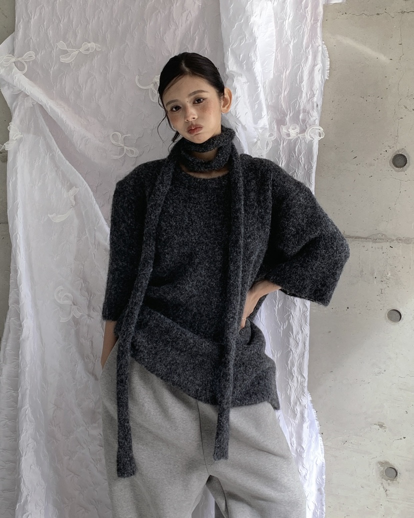 LIVE AID-P東大門㊣代購女裝新品25秋冬時尚針織衫含脖帶LIVE AID-P針織衫