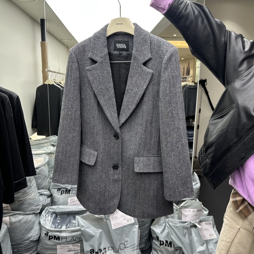 BANUL韓國直郵㊣女裝新品人氣休閑時尚25秋冬短款大衣人字紋BANUL短款大衣圖色2