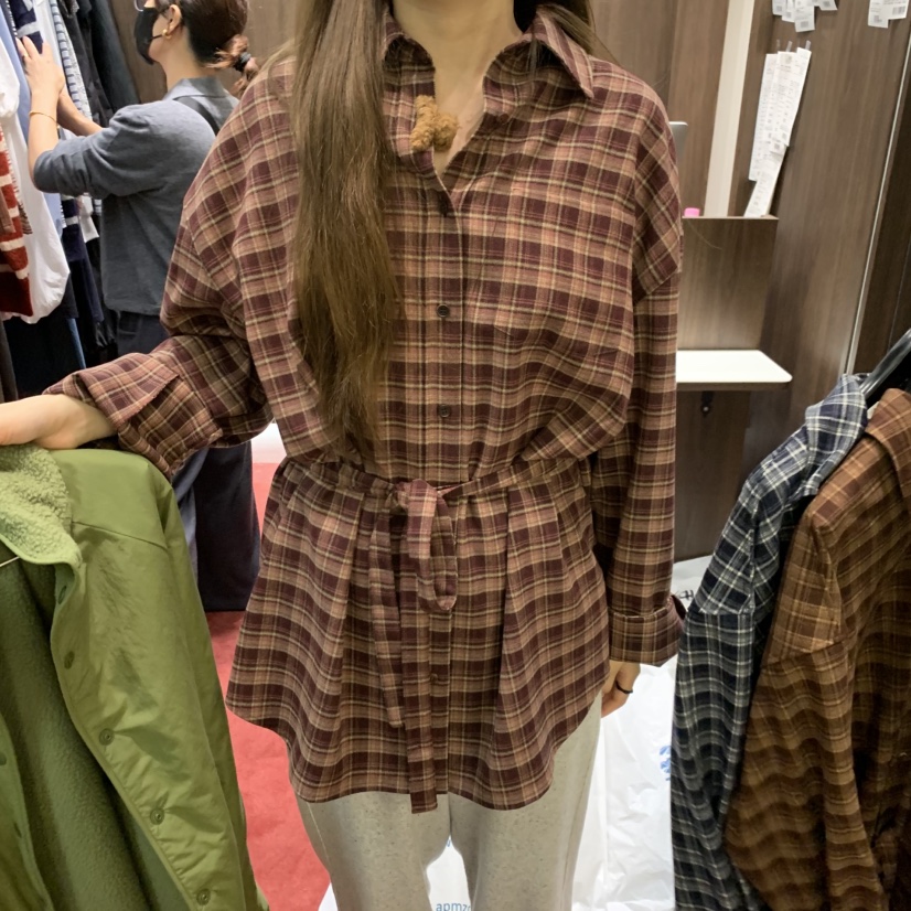 PEANUT BUTTER東大門㊣代購女裝新款熱賣襯衫蕾絲衫含腰帶格子PEANUT BUTTER襯衫/蕾絲衫圖色2