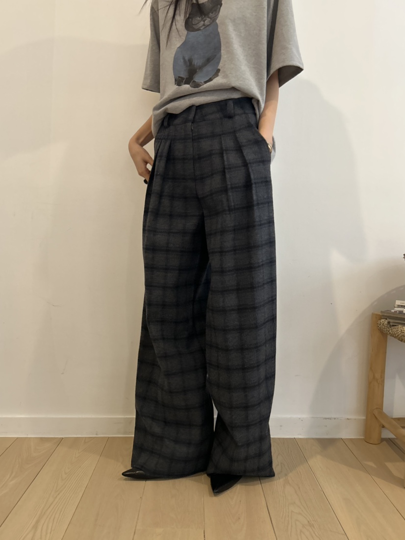 ME MO東大門㊣代購女裝新款25秋冬休閑褲不含腰帶羊毛格紋ME MO休閑褲圖色1