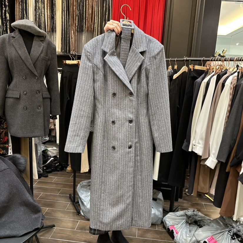 HERISH-HAUTE韓國代購㊣女裝新品時尚25秋冬休閑長款風衣條紋HERISH-HAUTE長款風衣圖色1