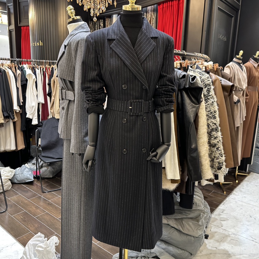 HERISH-HAUTE韓國代購㊣女裝新品時尚25秋冬休閑長款風衣條紋HERISH-HAUTE長款風衣圖色2