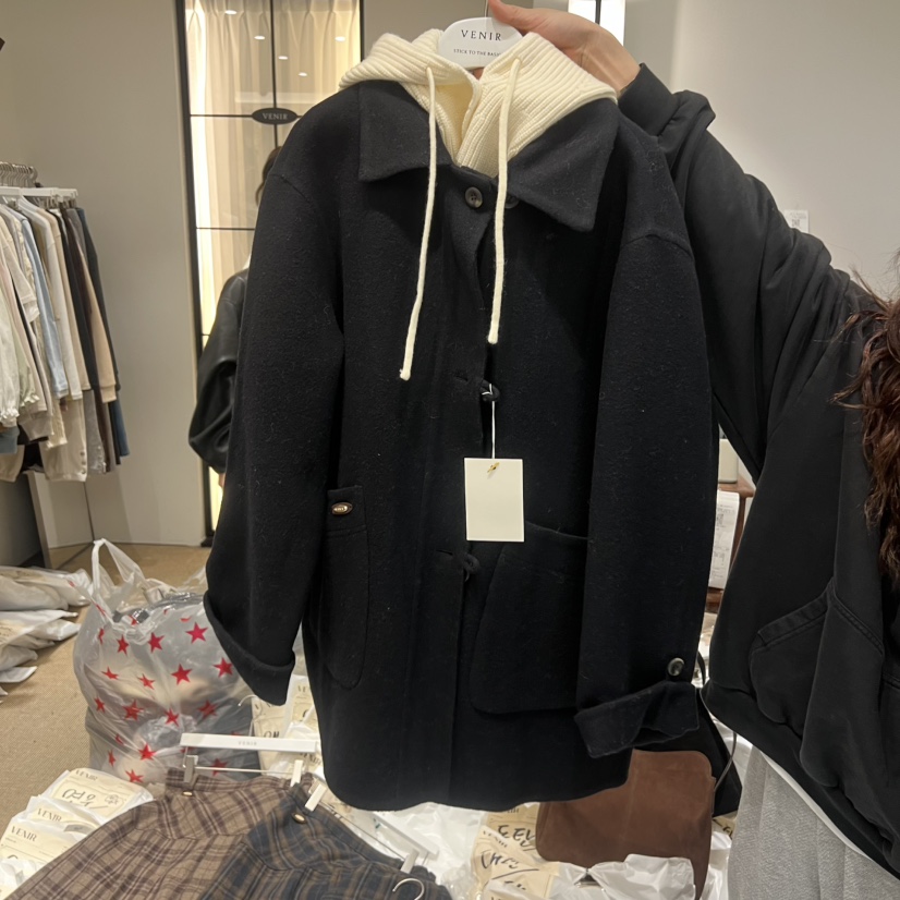 VENIR-a東大門㊣直郵女士新款時尚職業熱賣25秋冬短款大衣連帽VENIR-a短款大衣圖色2