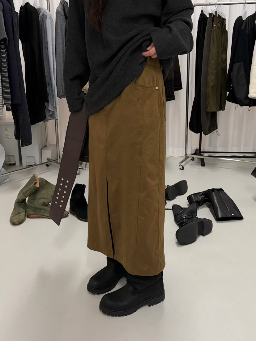 MINIMUZE韓國代購㊣女士新款真品熱賣人氣時尚25秋冬長裙絨面革MINIMUZE長裙