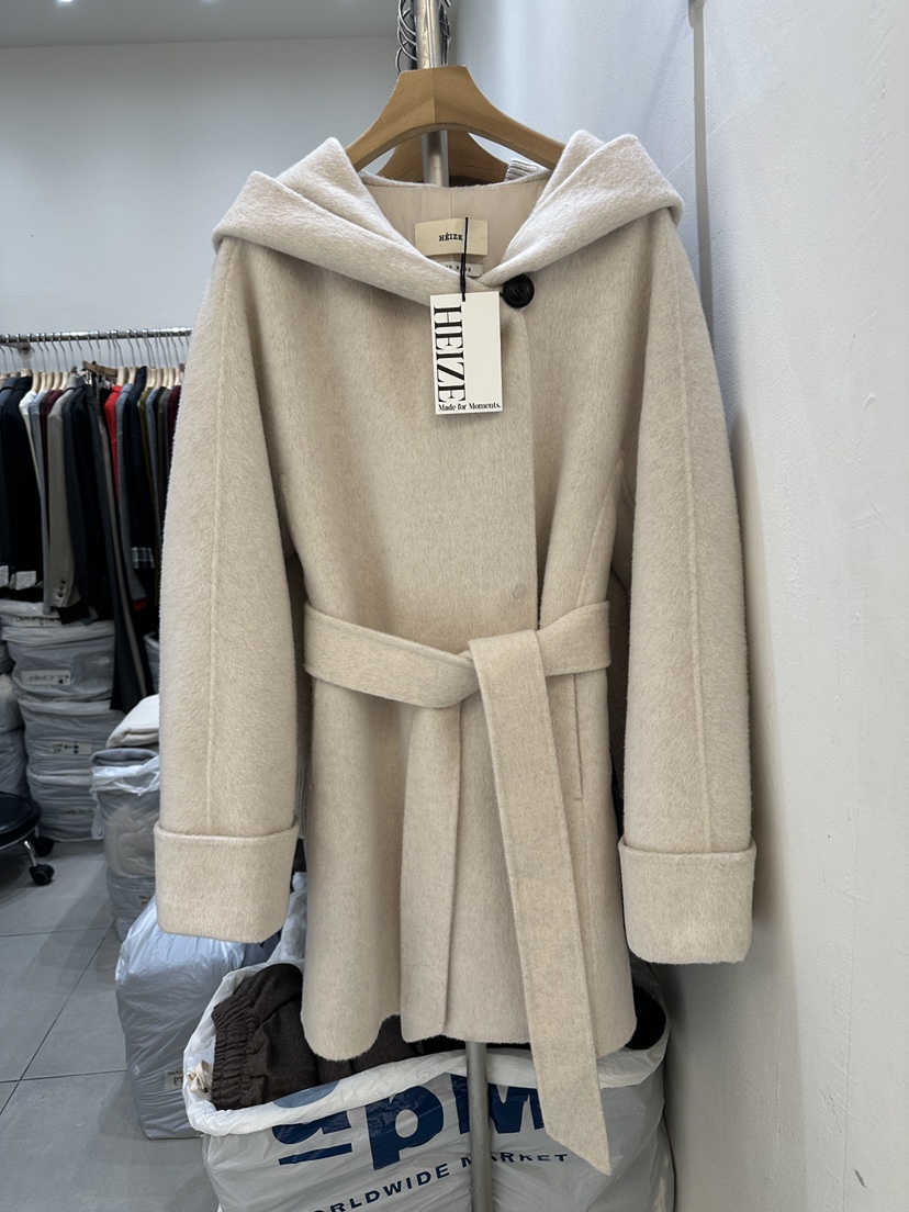 HEIZE韓國代購㊣女裝新品人氣熱賣真品中長款大衣含腰帶羊駝HEIZE中長款大衣圖色1