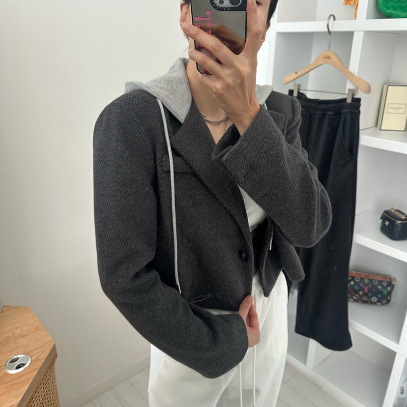 SOUIT韓國代購㊣女士新品推薦25秋冬熱賣職業休閑夾克羊毛連帽SOUIT by mabel-L夾克