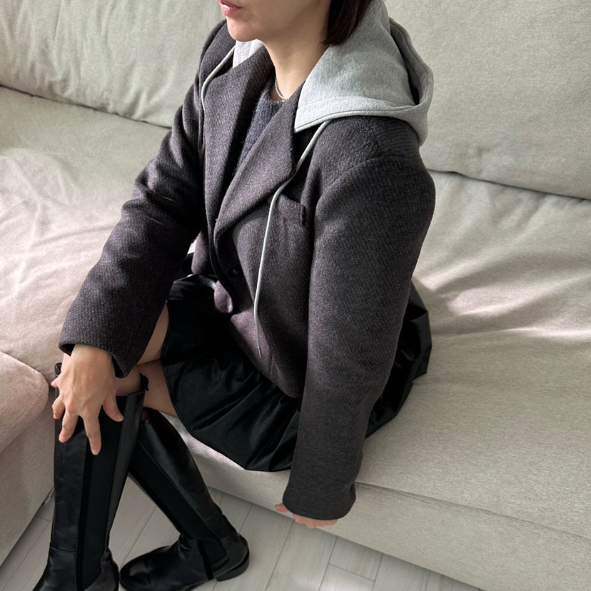 SOUIT韓國代購㊣女士新品推薦25秋冬熱賣職業休閑夾克羊毛連帽SOUIT by mabel-L夾克