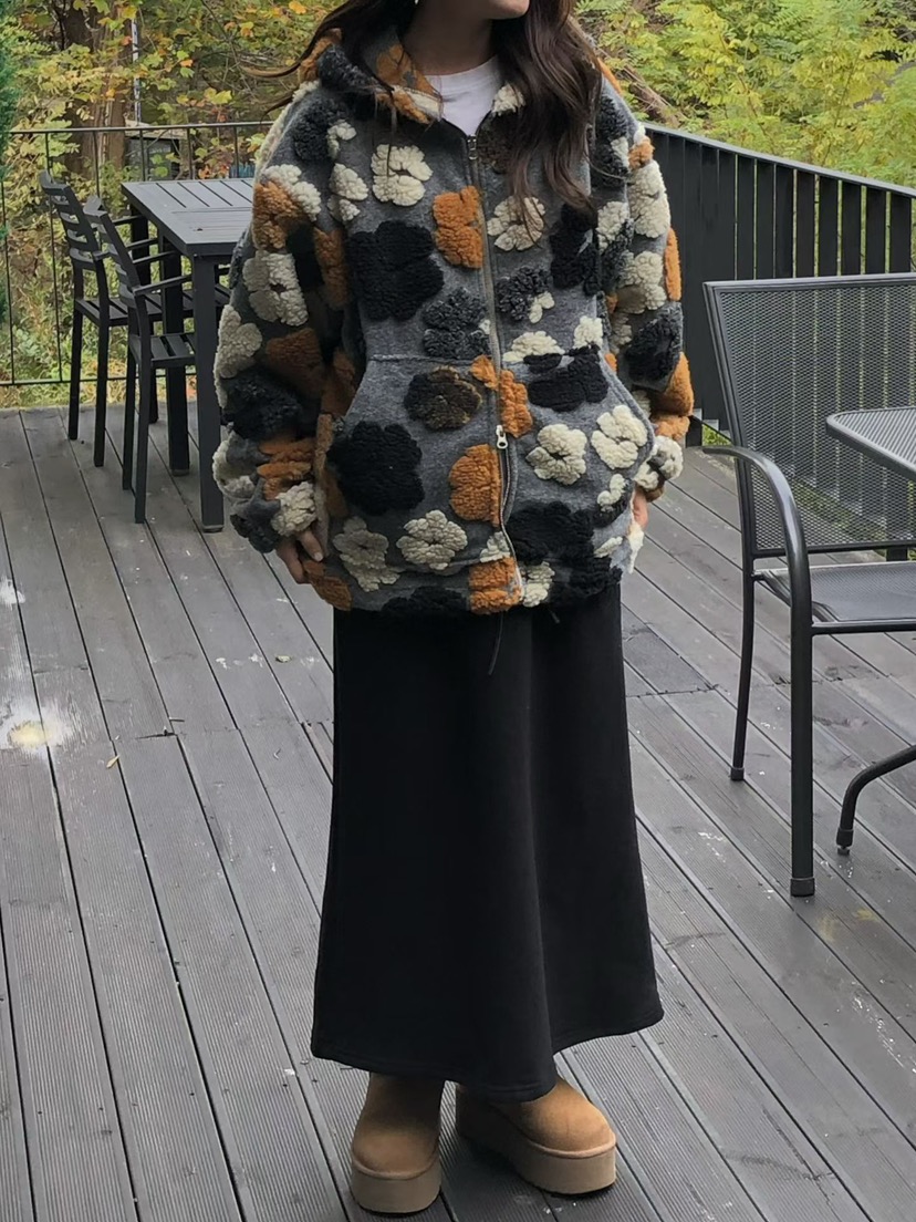 ONDO-P韓國代購㊣女士新品休閑職業時尚人氣25秋冬夾克花朵連帽ONDO-P夾克