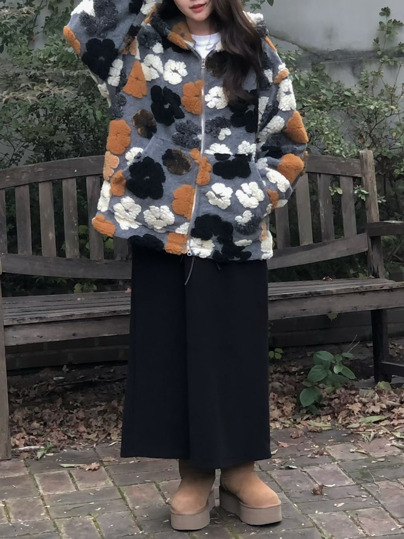 ONDO-P韓國代購㊣女士新品休閑職業時尚人氣25秋冬夾克花朵連帽ONDO-P夾克