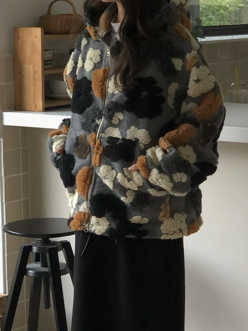 ONDO-P韓國代購㊣女士新品休閑職業時尚人氣25秋冬夾克花朵連帽ONDO-P夾克