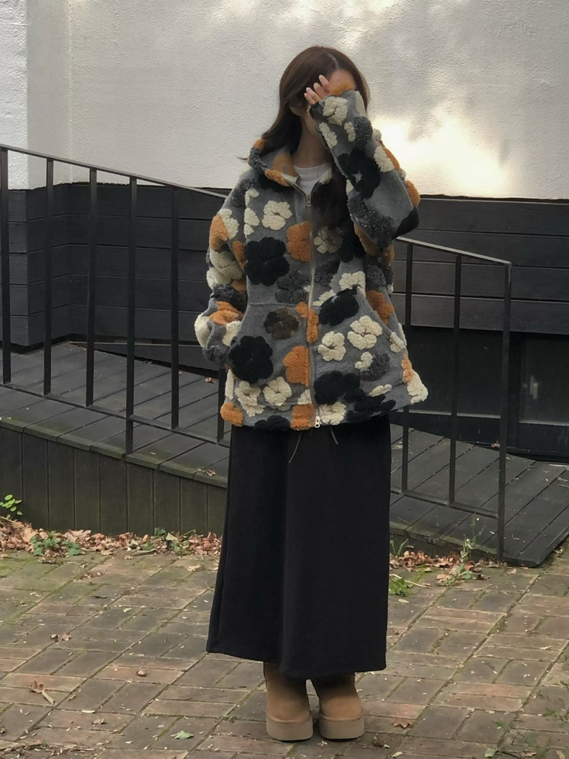 ONDO-P韓國代購㊣女士新品休閑職業時尚人氣25秋冬夾克花朵連帽ONDO-P夾克